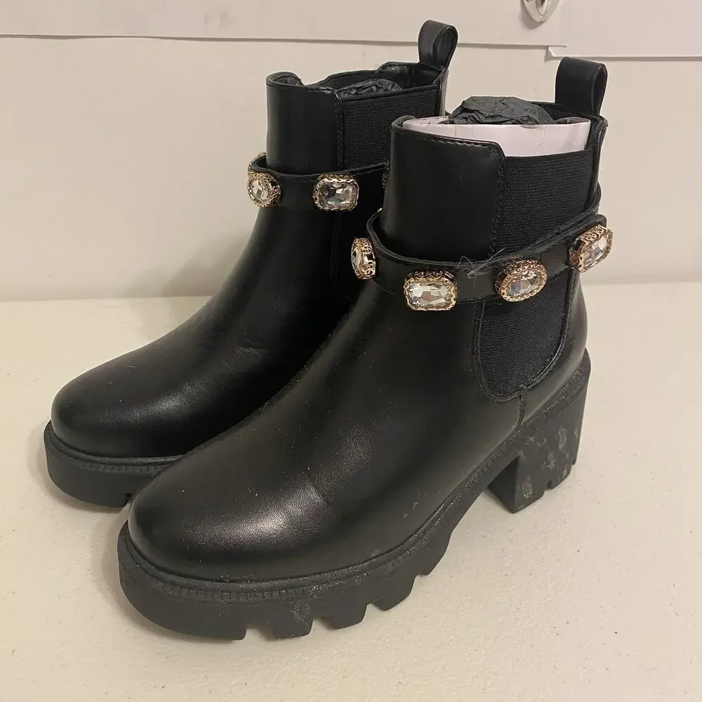 CUSHIONAIRE Julie Women 6.5M Chunky Combat Boots Black Jeweled strap Clubwear